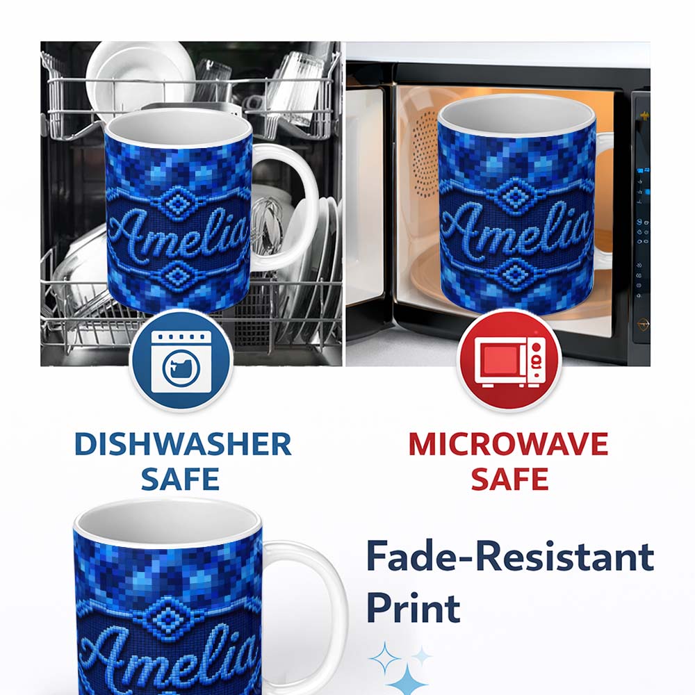 Personalized Custom Name Blue Pixel Mosaic Gradient Abstract Seamless Pattern Lovely 11oz Ceramic Coffee Tea Mug White Large Handle