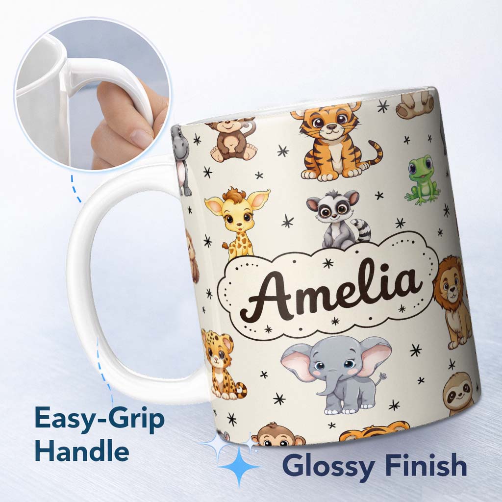 Personalized Custom Name Cute Cartoon Safari Animals with Stars on Beige Background Nursery 11oz Ceramic Coffee Tea Mug White Large Handle