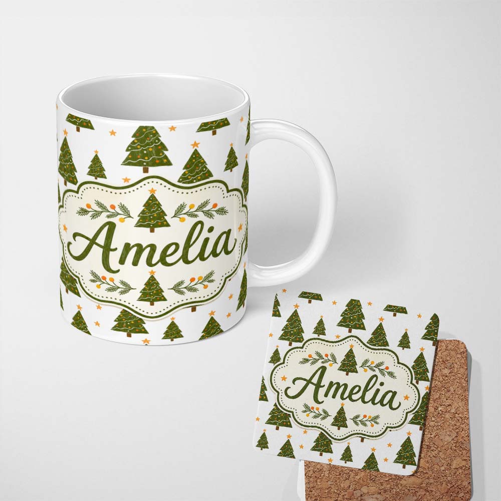 Personalized Custom Name Hand Drawn Christmas Trees with Stars Minimal Seamless Pattern 11oz Ceramic Coffee Tea Mug White Large Handle