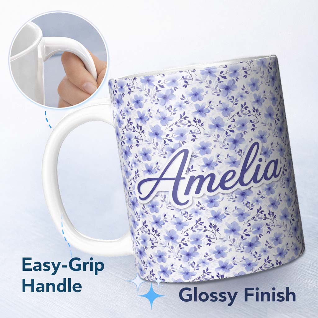 Personalized Custom Name Soft Lavender Watercolor Floral Seamless Pattern Delicate Botanical 11oz Ceramic Coffee Tea Mug White Large Handle