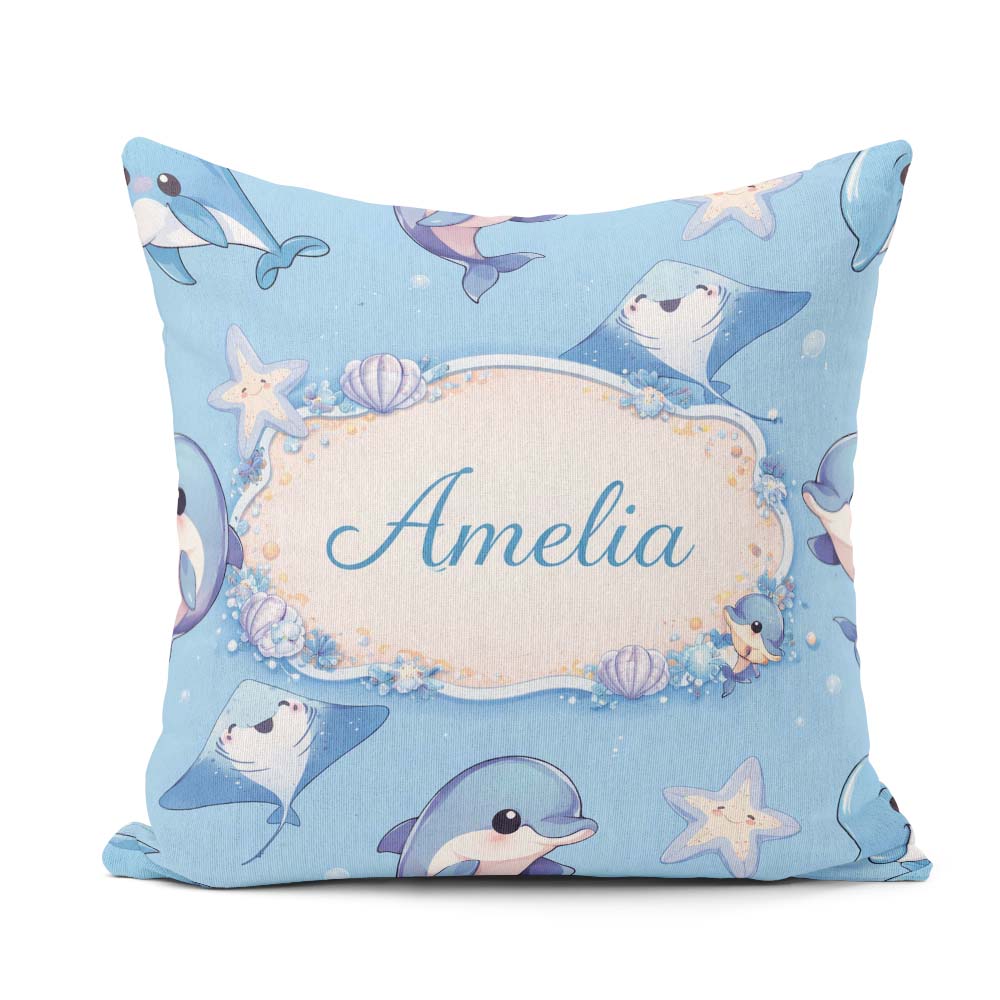 Custom Name Cute Dolphin Stingray Starfish Cartoon Sea Life Blue Square Filled Cushion Throw Pillow Sofa Bed Home Decor Zip Washable UK Made