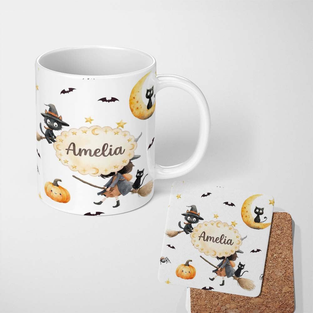 Personalized Custom Name Halloween Witch Girl with Black Cats Moon and Stars Greys Lovely 11oz Ceramic Coffee Tea Mug White Large Handle