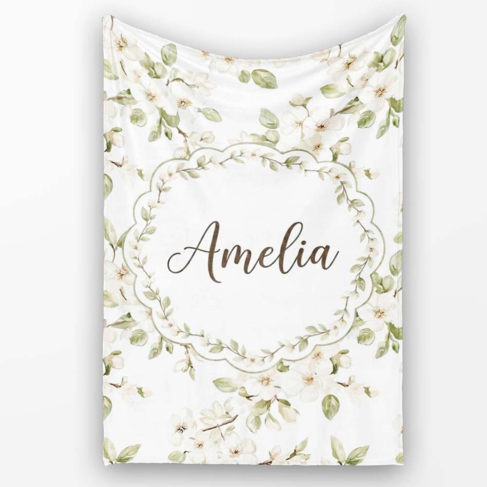 Elegant White Blossom Floral Pattern with Soft Green Leaves Seamless Personalised Custom Name Super Soft Fleece Blanket Bed Sofa Throw