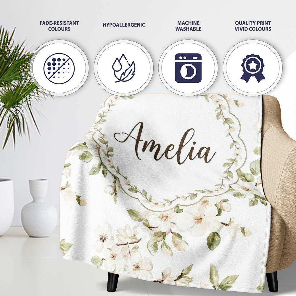 Elegant White Blossom Floral Pattern with Soft Green Leaves Seamless Personalised Custom Name Super Soft Fleece Blanket Bed Sofa Throw