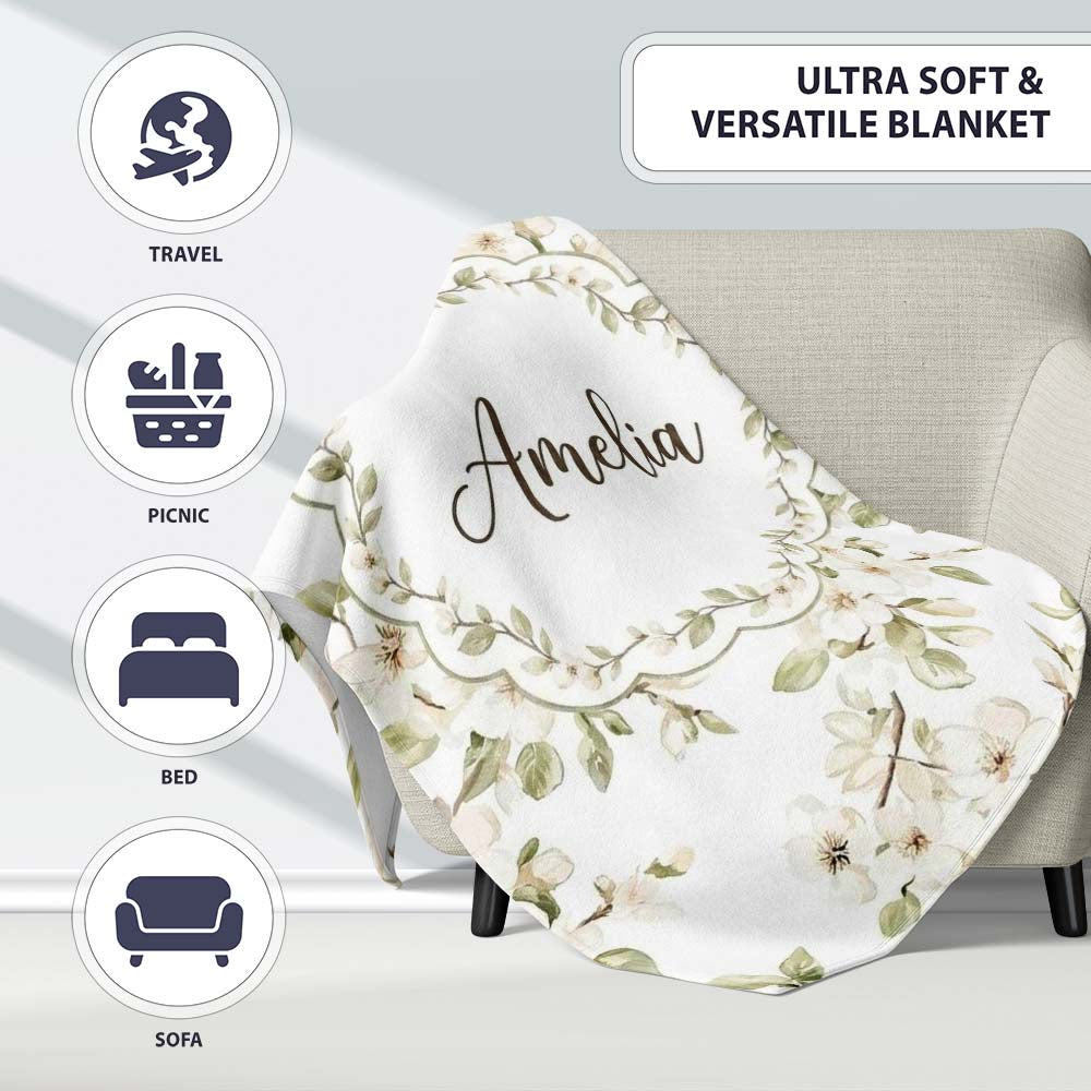 Elegant White Blossom Floral Pattern with Soft Green Leaves Seamless Personalised Custom Name Super Soft Fleece Blanket Bed Sofa Throw