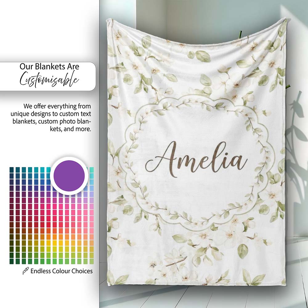 Elegant White Blossom Floral Pattern with Soft Green Leaves Seamless Personalised Custom Name Super Soft Fleece Blanket Bed Sofa Throw
