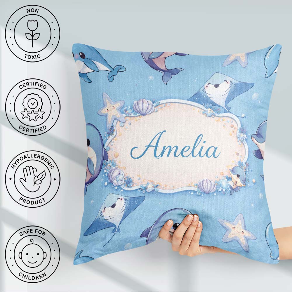 Custom Name Cute Dolphin Stingray Starfish Cartoon Sea Life Blue Square Filled Cushion Throw Pillow Sofa Bed Home Decor Zip Washable UK Made