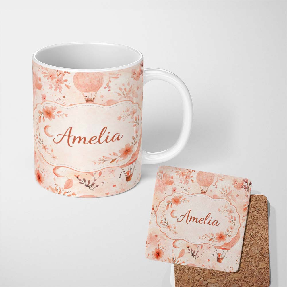 Personalized Custom Name Coral Floral Hot Air Balloon Nursery Pattern Seamless Watercolour 11oz Ceramic Coffee Tea Mug White Large Handle