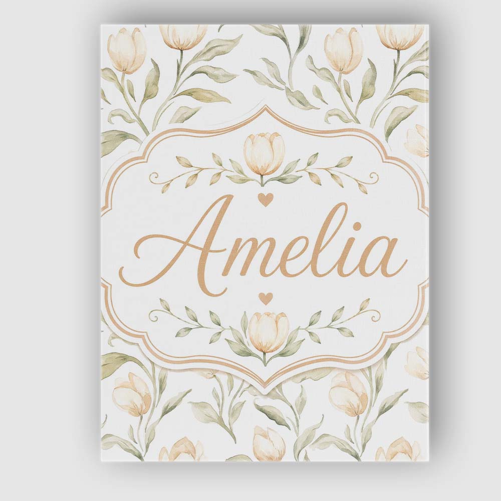Personalised Name Soft Neutral Tulip Floral Custom Bespoke Interior Contemporary Canvas Wall Art Print Decor Picture Ready to Hang