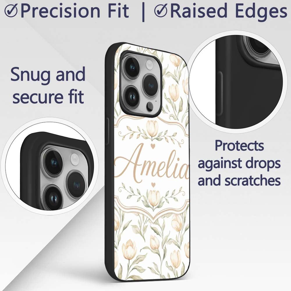 Soft Neutral Tulip Floral Pattern with Gentle Custom Name Protective Phone Case Mobile Cover Durable Everyday Smartphone Shock Resistant