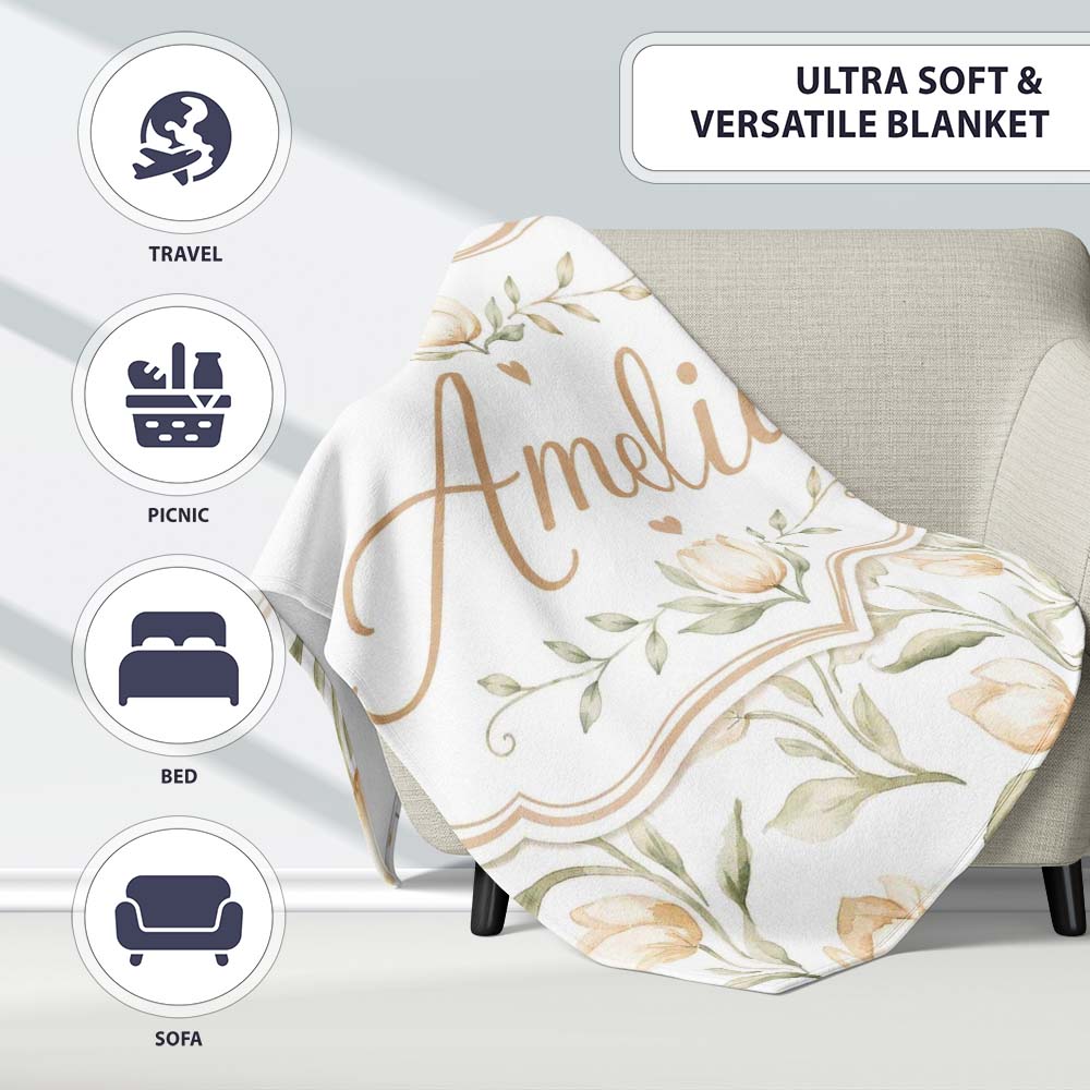 Soft Neutral Tulip Floral Pattern with Gentle Watercolor Leaves Personalised Custom Name Super Soft Fleece Blanket Bed Sofa Throw