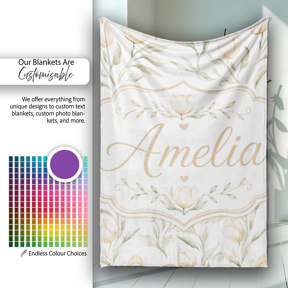 Soft Neutral Tulip Floral Pattern with Gentle Watercolor Leaves Personalised Custom Name Super Soft Fleece Blanket Bed Sofa Throw