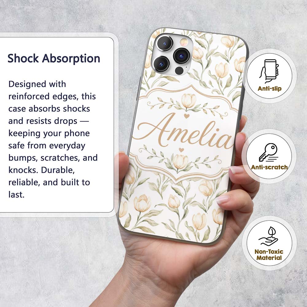 Soft Neutral Tulip Floral Pattern with Gentle Custom Name Protective Phone Case Mobile Cover Durable Everyday Smartphone Shock Resistant