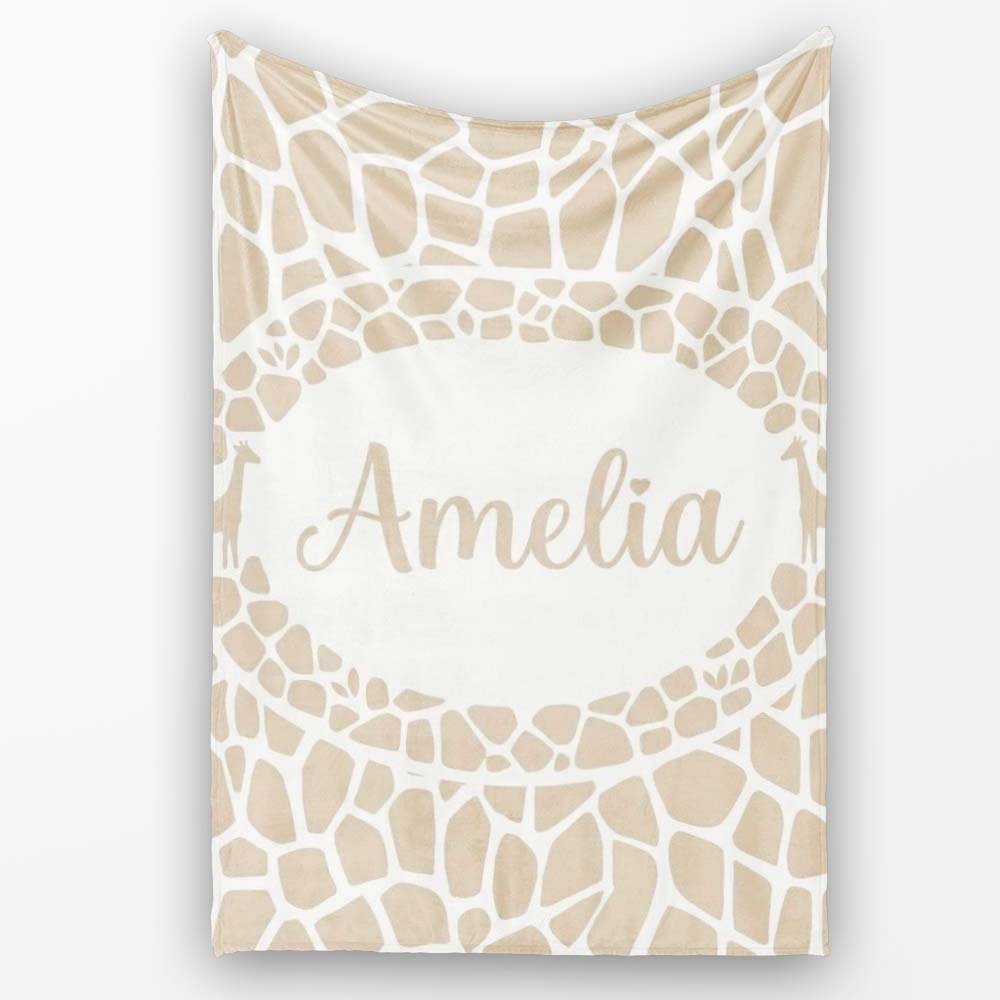 Abstract Giraffe Print Pattern in Soft Beige and White Organic Personalised Custom Name Super Soft Fleece Blanket Bed Sofa Throw