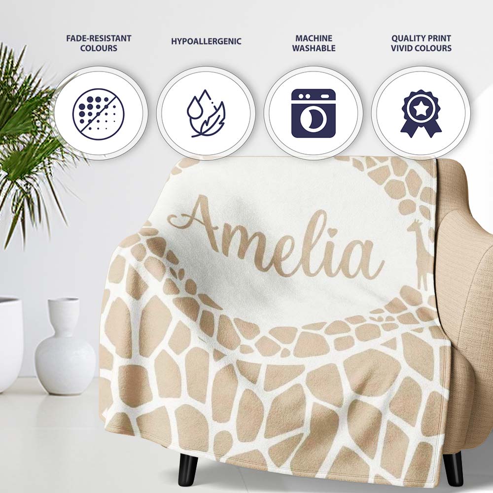 Abstract Giraffe Print Pattern in Soft Beige and White Organic Personalised Custom Name Super Soft Fleece Blanket Bed Sofa Throw