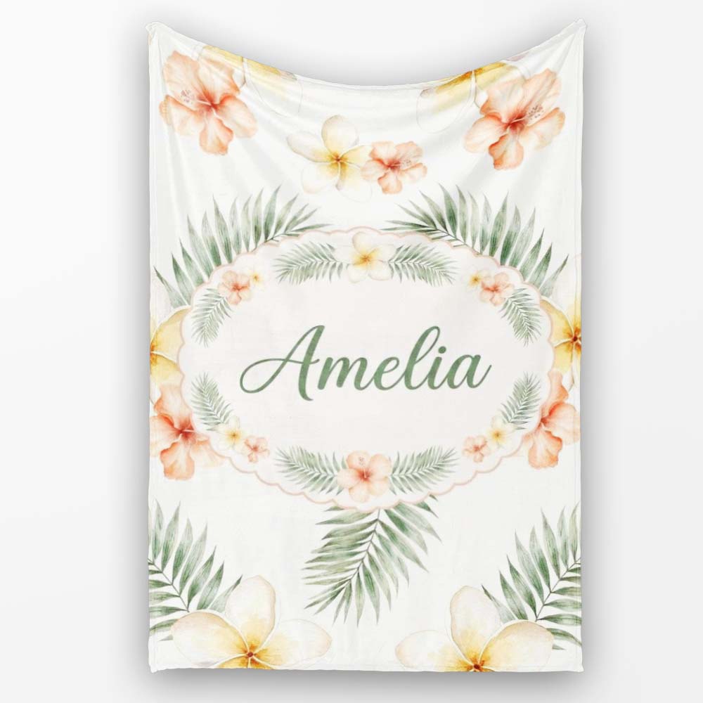 Tropical Hibiscus and Frangipani Floral Pattern with Palm Leaves Personalised Custom Name Super Soft Fleece Blanket Bed Sofa Throw