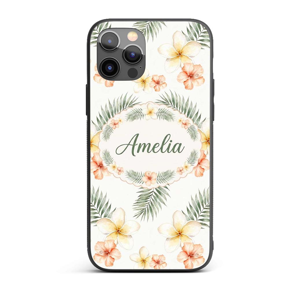 Tropical Hibiscus and Frangipani Floral Pattern Custom Name Protective Phone Case Mobile Cover Durable Everyday Smartphone Shock Resistant