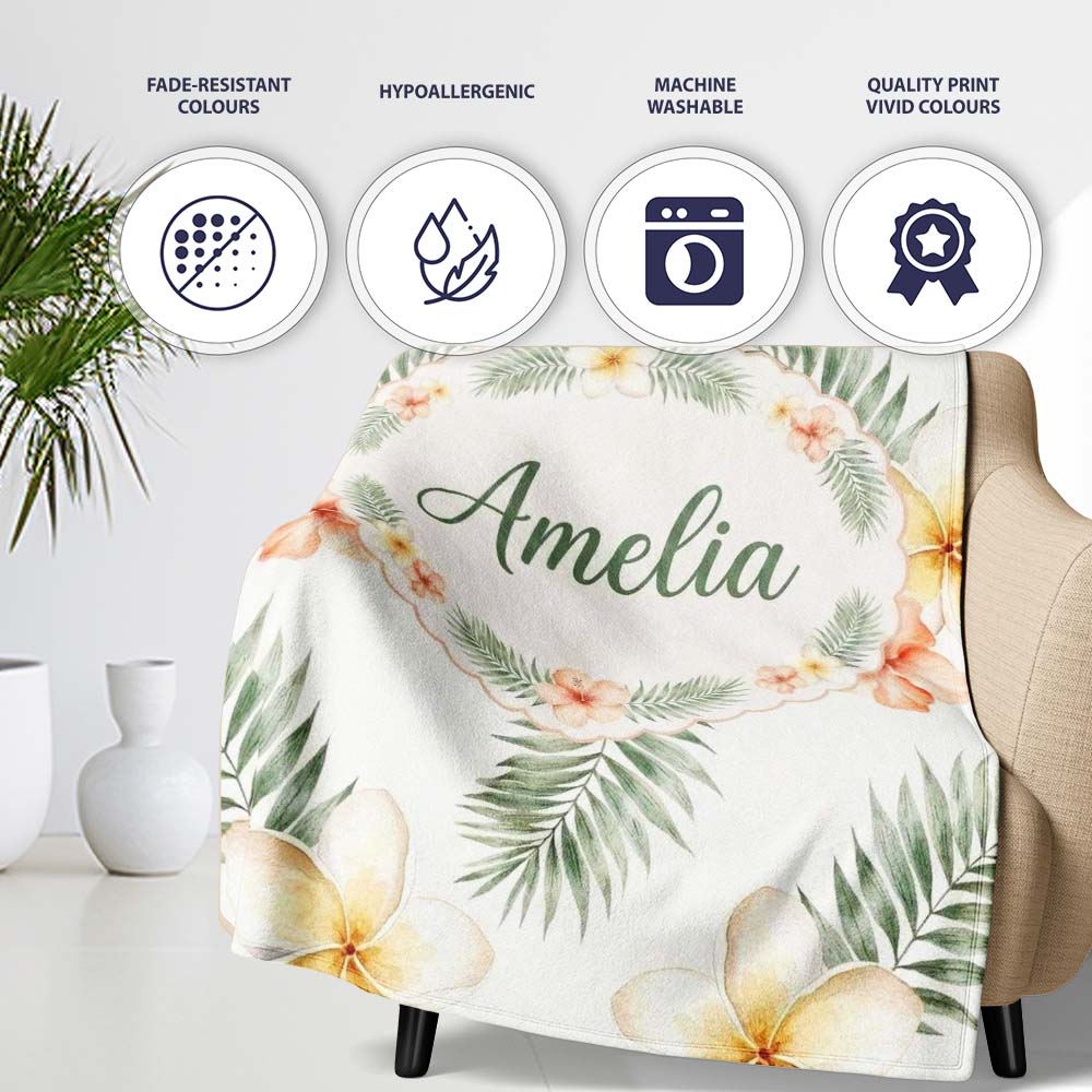 Tropical Hibiscus and Frangipani Floral Pattern with Palm Leaves Personalised Custom Name Super Soft Fleece Blanket Bed Sofa Throw