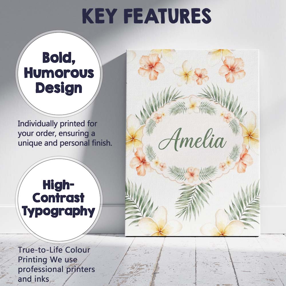 Personalised Name Tropical Hibiscus and Custom Modern Room Accent Elegant Feature Canvas Wall Art Print Decor Picture Ready to Hang