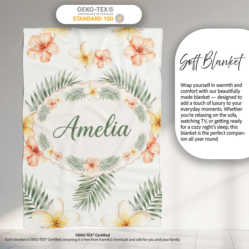 Tropical Hibiscus and Frangipani Floral Pattern with Palm Leaves Personalised Custom Name Super Soft Fleece Blanket Bed Sofa Throw