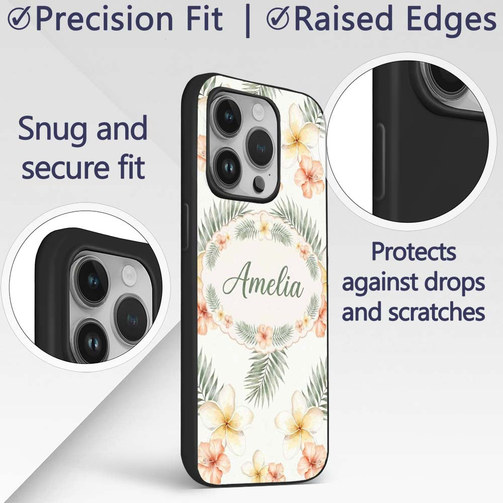 Tropical Hibiscus and Frangipani Floral Pattern Custom Name Protective Phone Case Mobile Cover Durable Everyday Smartphone Shock Resistant