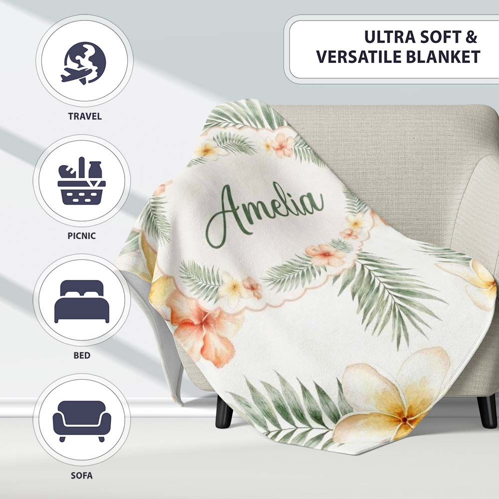 Tropical Hibiscus and Frangipani Floral Pattern with Palm Leaves Personalised Custom Name Super Soft Fleece Blanket Bed Sofa Throw