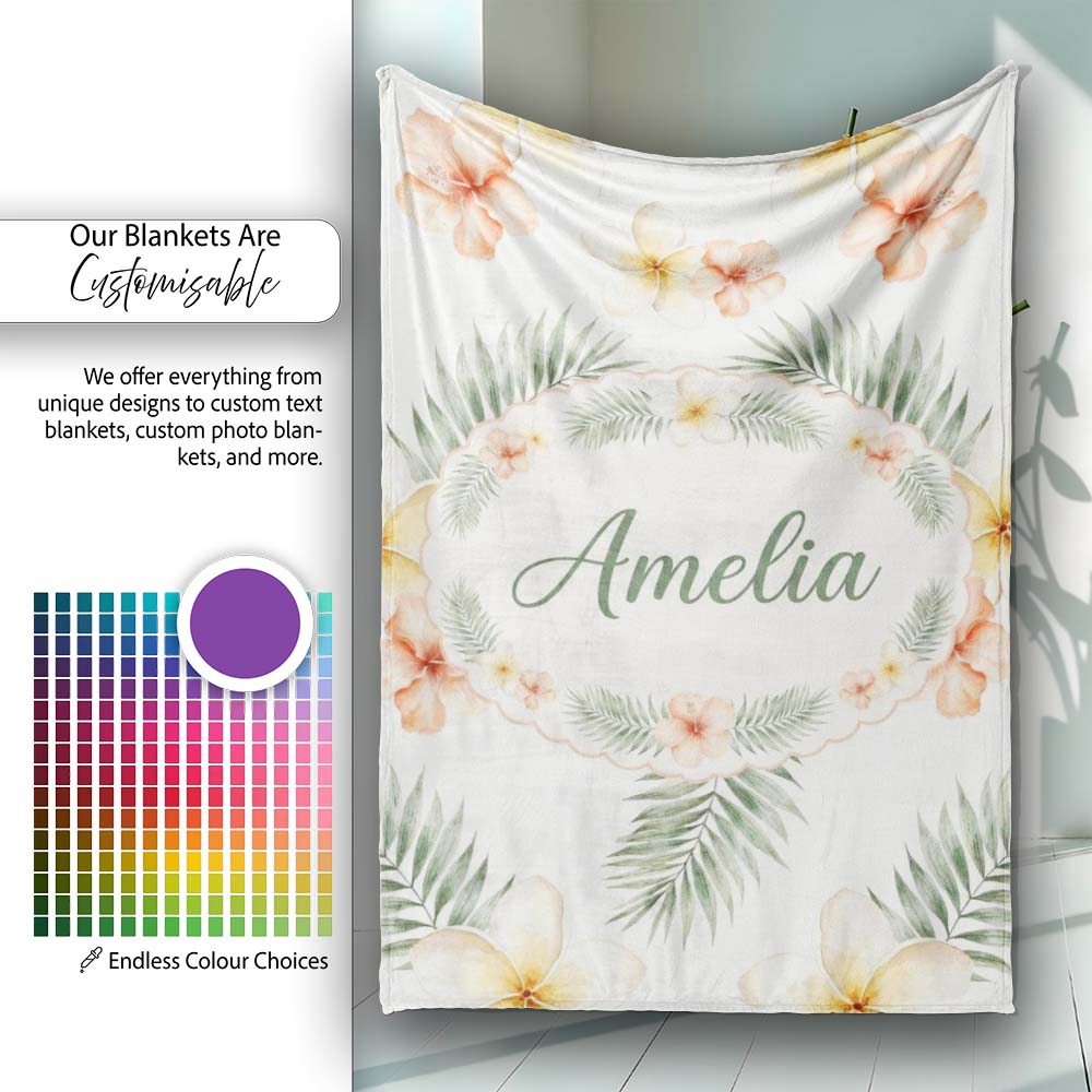 Tropical Hibiscus and Frangipani Floral Pattern with Palm Leaves Personalised Custom Name Super Soft Fleece Blanket Bed Sofa Throw