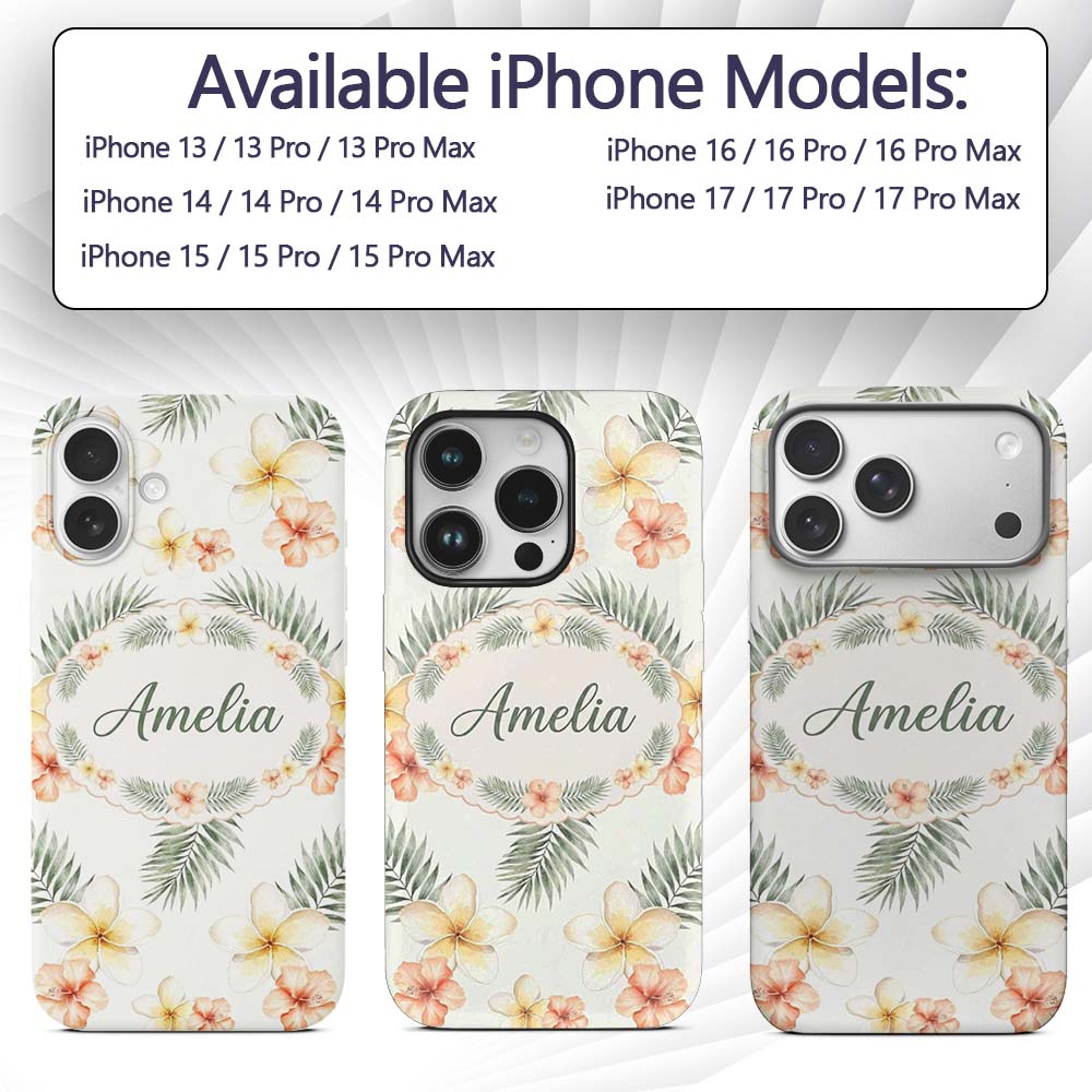 Tropical Hibiscus and Frangipani Floral Pattern Custom Name Protective Phone Case Mobile Cover Durable Everyday Smartphone Shock Resistant
