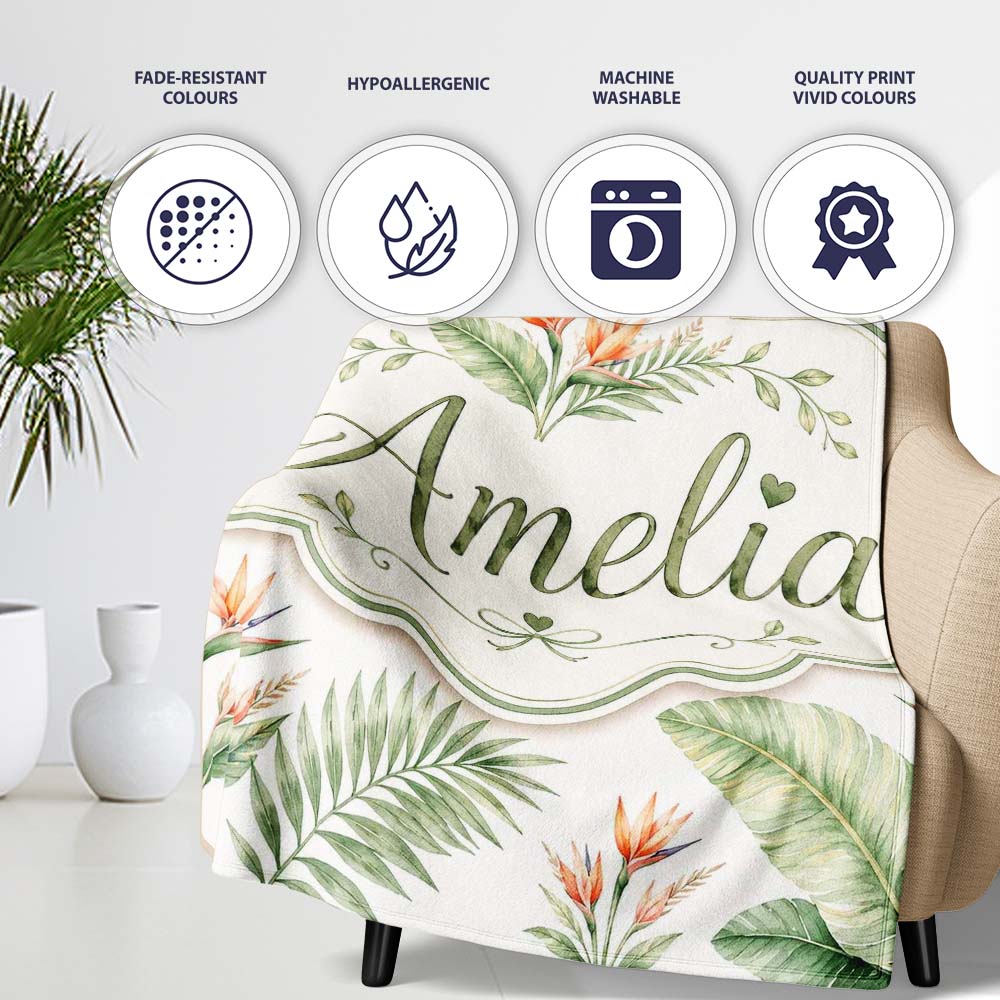 Watercolor Tropical Banana Leaves and Bird of Paradise Floral Lovely Personalised Custom Name Super Soft Fleece Blanket Bed Sofa Throw