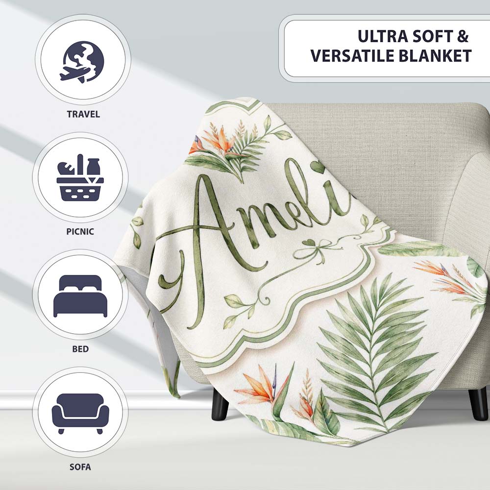 Watercolor Tropical Banana Leaves and Bird of Paradise Floral Lovely Personalised Custom Name Super Soft Fleece Blanket Bed Sofa Throw