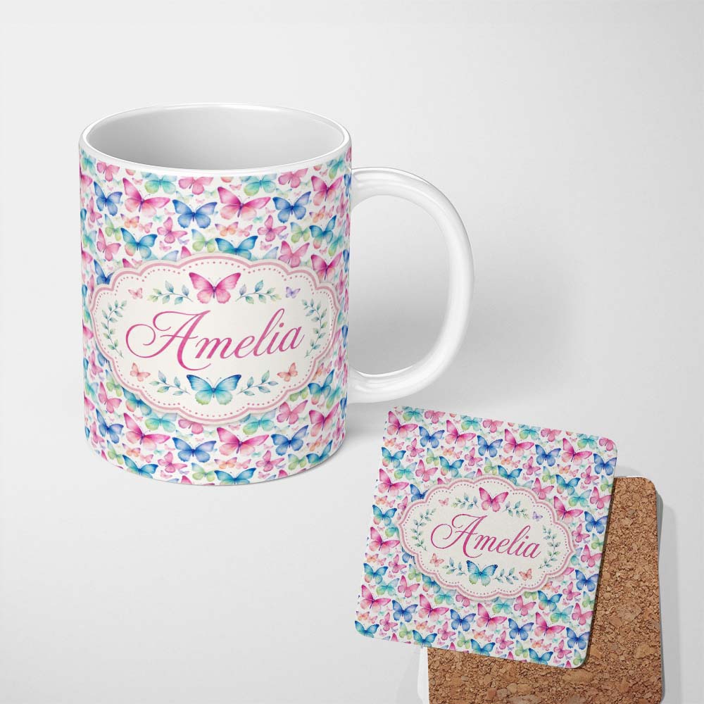 Personalized Custom Name Pastel Gradient Butterflies in Soft Pink and Blue Seamless Pattern 11oz Ceramic Coffee Tea Mug White Large Handle