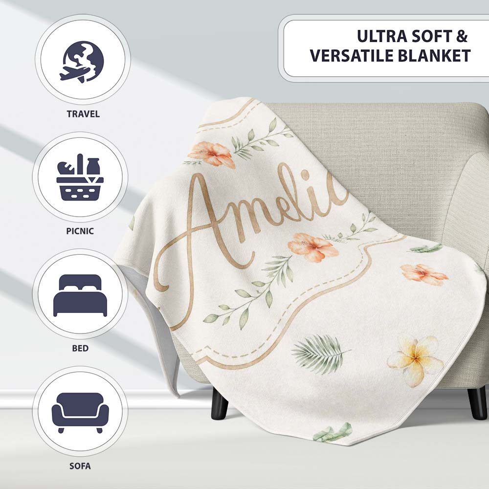Minimal Tropical Floral and Leaf Scattered Pattern with Soft Neutral Personalised Custom Name Super Soft Fleece Blanket Bed Sofa Throw