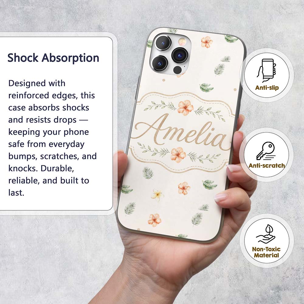 Minimal Tropical Floral and Leaf Printed Design Custom Name Protective Phone Case Mobile Cover Durable Everyday Smartphone Shock Resistant