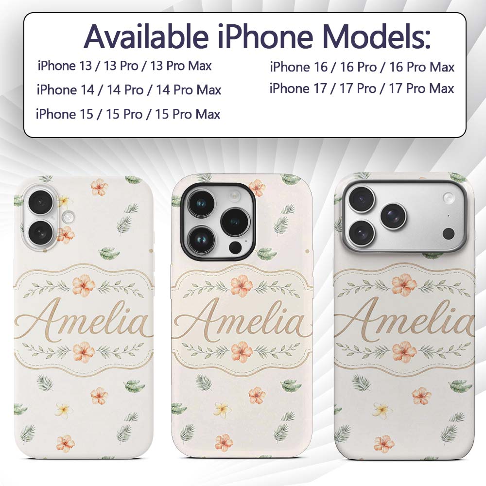 Minimal Tropical Floral and Leaf Printed Design Custom Name Protective Phone Case Mobile Cover Durable Everyday Smartphone Shock Resistant