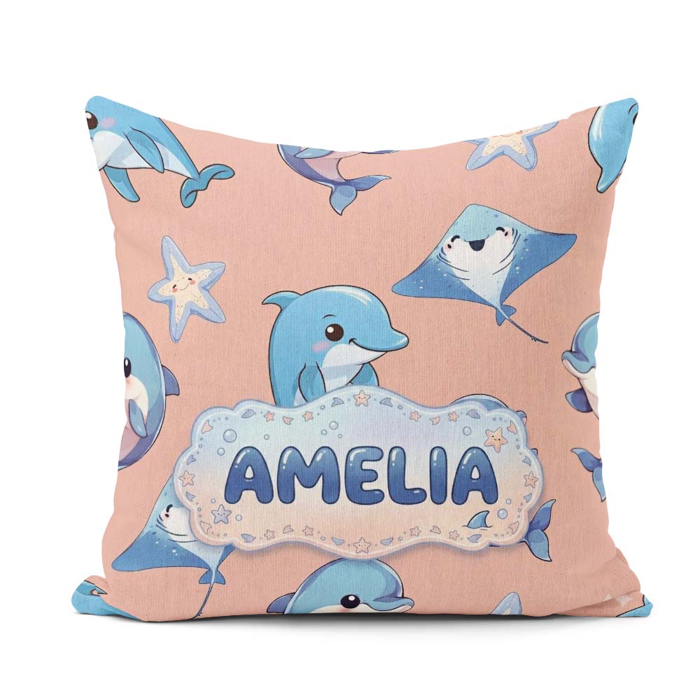 Custom Name Cute Dolphin Stingray Cartoon Sea Life Pattern Beige Square Filled Cushion Throw Pillow Sofa Bed Home Decor Zip Washable UK Made