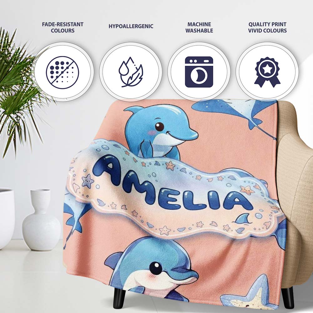 Cute Dolphin Stingray Starfish Cartoon Sea Life Pattern Beige Lovely Personalised Custom Name Super Soft Fleece Blanket Bed Sofa Throw