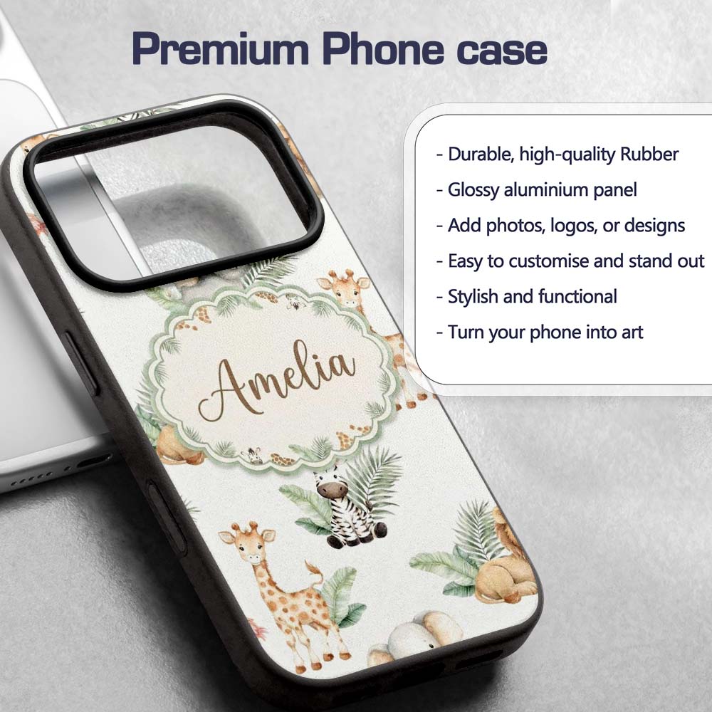 Cute Safari Jungle Animals Lion Elephant Giraffe Custom Name Protective Phone Case Mobile Cover Durable Everyday Smartphone Shock Resistant