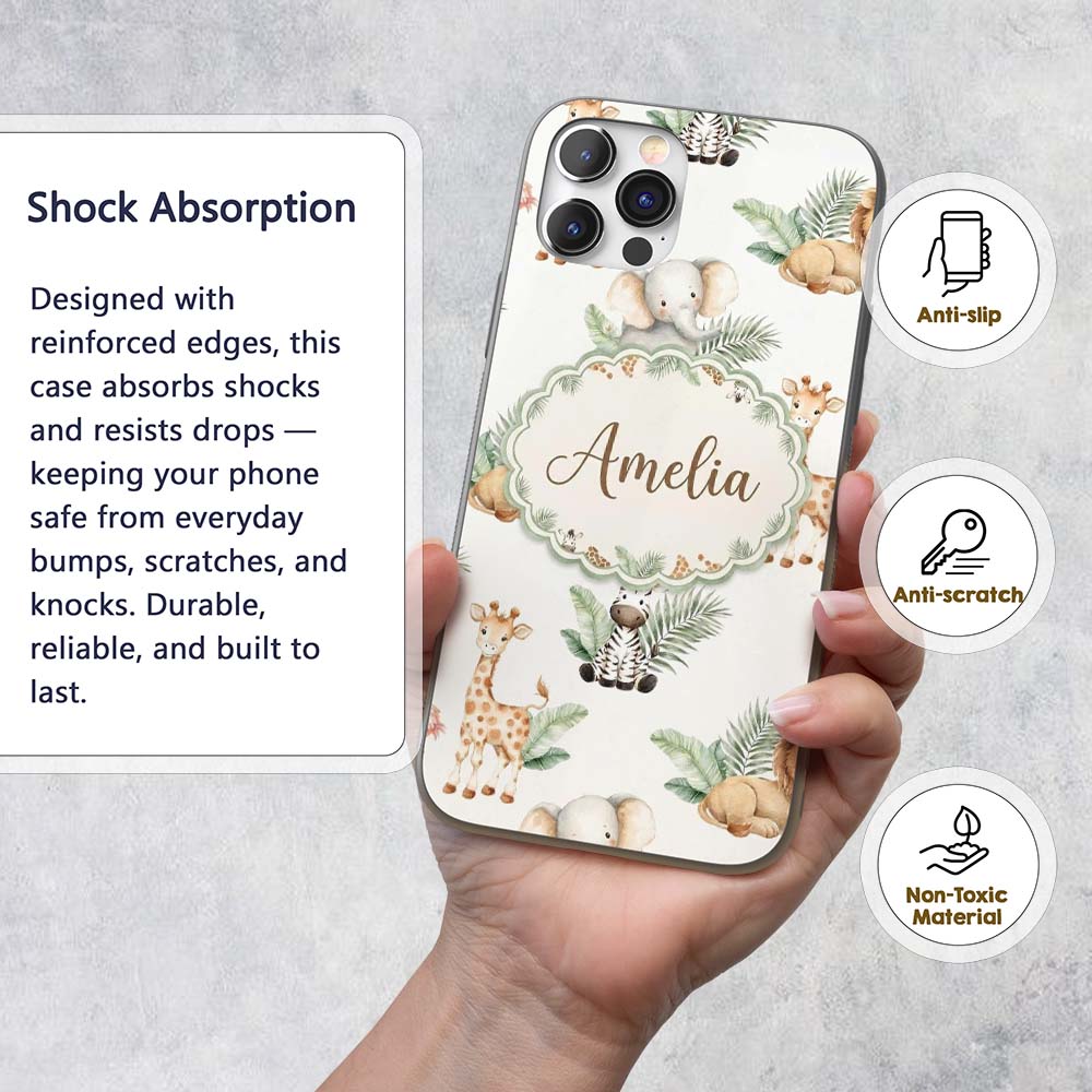 Cute Safari Jungle Animals Lion Elephant Giraffe Custom Name Protective Phone Case Mobile Cover Durable Everyday Smartphone Shock Resistant
