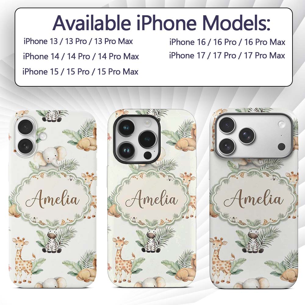 Cute Safari Jungle Animals Lion Elephant Giraffe Custom Name Protective Phone Case Mobile Cover Durable Everyday Smartphone Shock Resistant