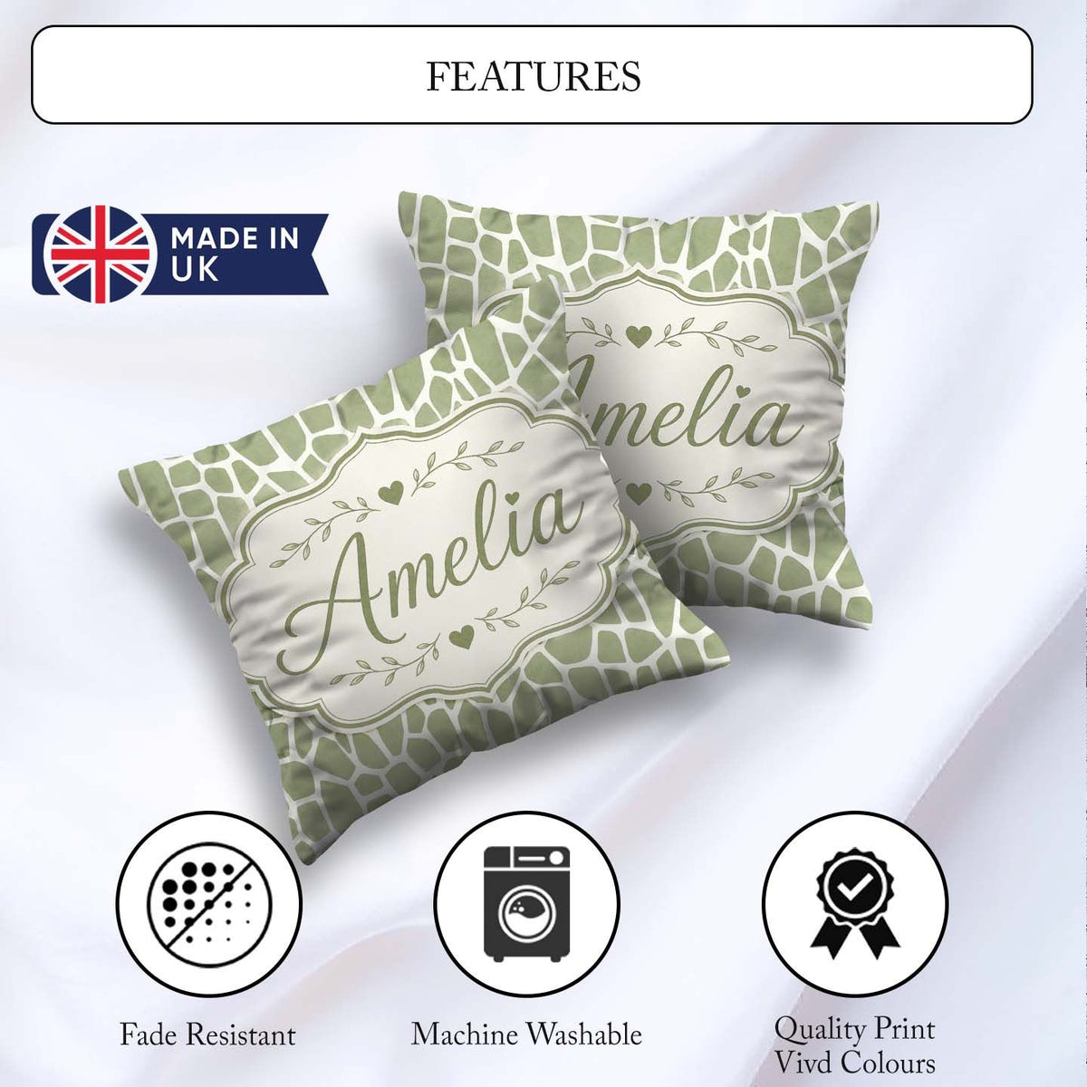 Custom Name Organic Giraffe Print Pattern in Soft Sage Green and Square Filled Cushion Throw Pillow Sofa Bed Home Decor Zip Washable UK Made