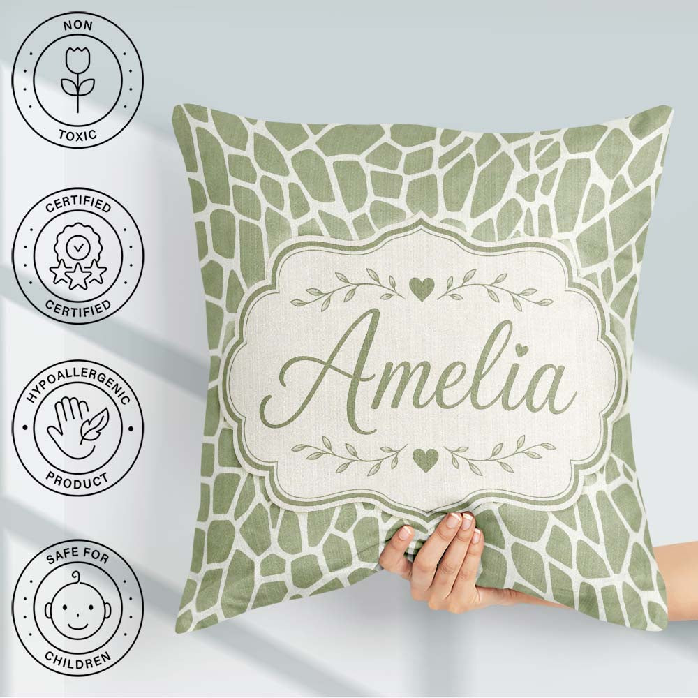 Custom Name Organic Giraffe Print Pattern in Soft Sage Green and Square Filled Cushion Throw Pillow Sofa Bed Home Decor Zip Washable UK Made