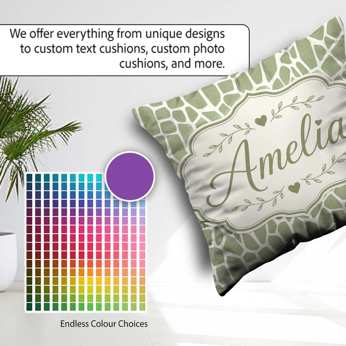 Custom Name Organic Giraffe Print Pattern in Soft Sage Green and Square Filled Cushion Throw Pillow Sofa Bed Home Decor Zip Washable UK Made