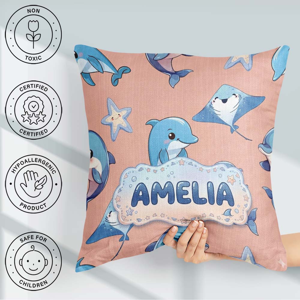 Custom Name Cute Dolphin Stingray Cartoon Sea Life Pattern Beige Square Filled Cushion Throw Pillow Sofa Bed Home Decor Zip Washable UK Made