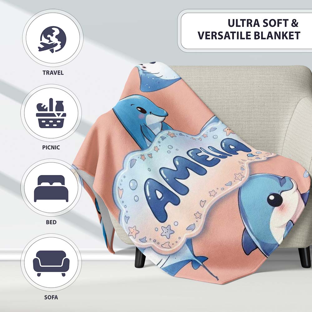 Cute Dolphin Stingray Starfish Cartoon Sea Life Pattern Beige Lovely Personalised Custom Name Super Soft Fleece Blanket Bed Sofa Throw