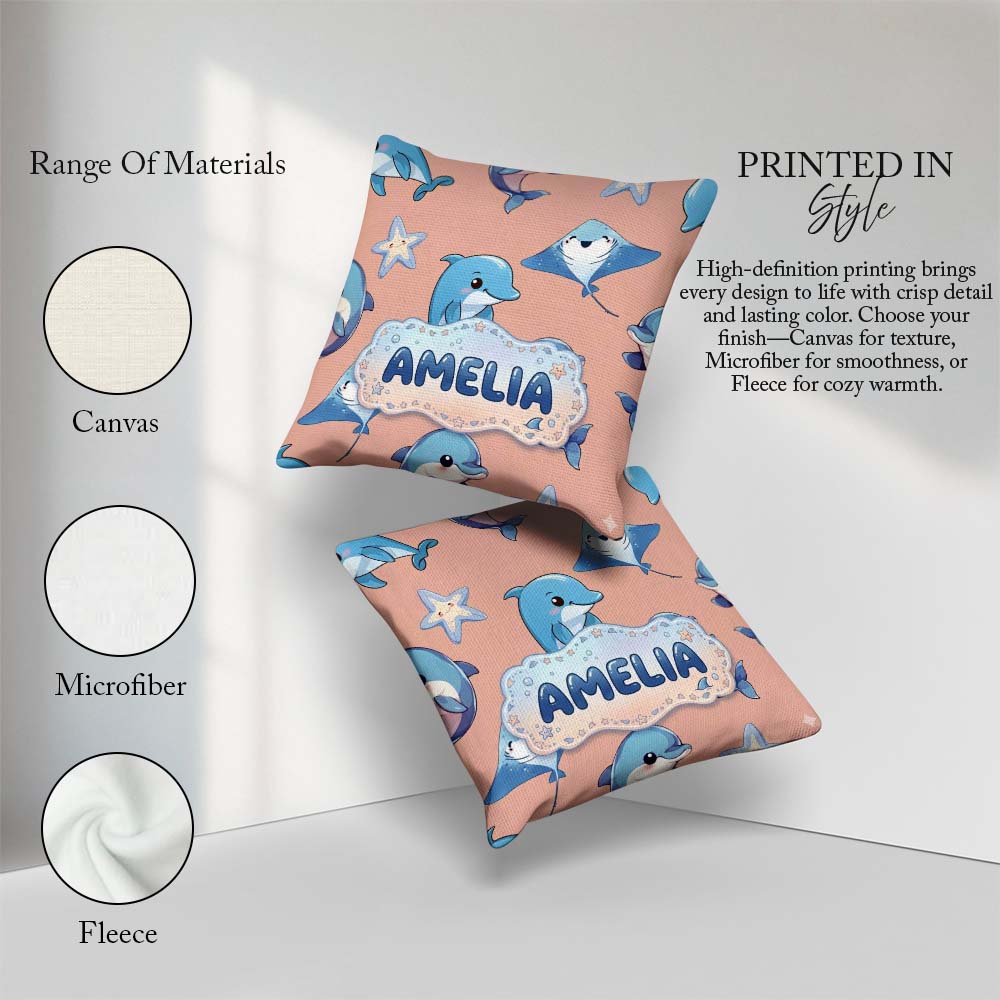 Custom Name Cute Dolphin Stingray Cartoon Sea Life Pattern Beige Square Filled Cushion Throw Pillow Sofa Bed Home Decor Zip Washable UK Made
