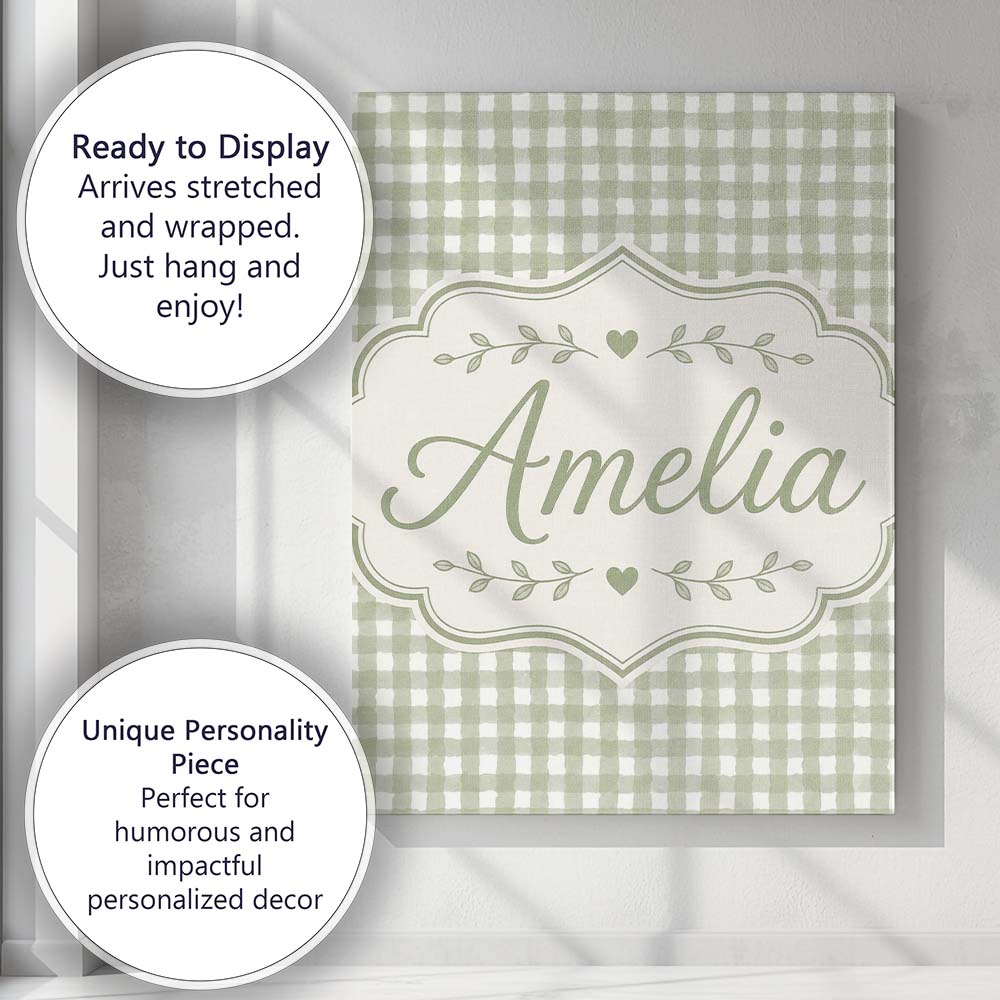 Personalised Name Soft Sage Green Gingham Custom Unique Gift Idea Elegant Feature Canvas Wall Art Print Decor Picture Ready to Hang