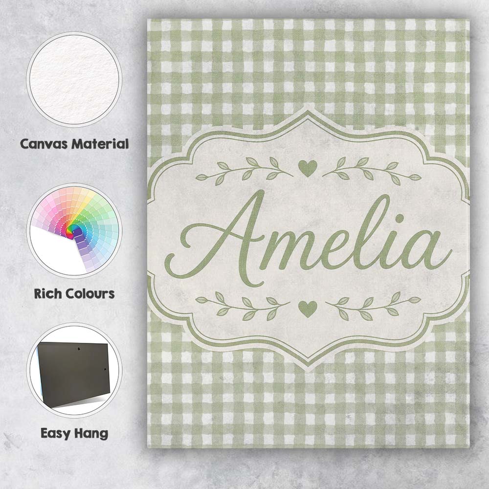 Personalised Name Soft Sage Green Gingham Custom Unique Gift Idea Elegant Feature Canvas Wall Art Print Decor Picture Ready to Hang