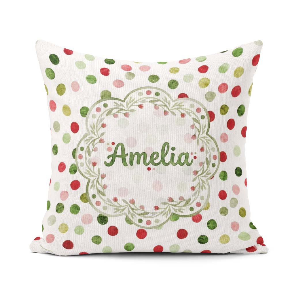 Custom Name Festive Red Green Watercolor Polka Pattern Christmas Square Filled Cushion Throw Pillow Sofa Bed Home Decor Zip Washable UK Made