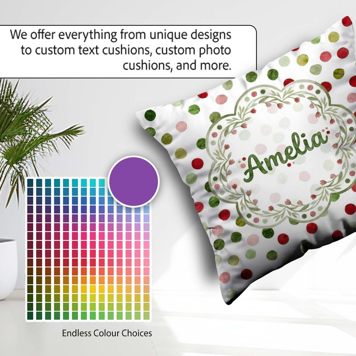 Custom Name Festive Red Green Watercolor Polka Pattern Christmas Square Filled Cushion Throw Pillow Sofa Bed Home Decor Zip Washable UK Made