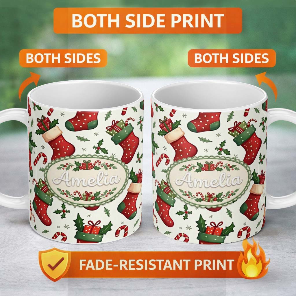 Personalized Custom Name Cute Christmas Stocking Gifts Candy Cane Holly Seamless Pattern 11oz Ceramic Coffee Tea Mug White Large Handle